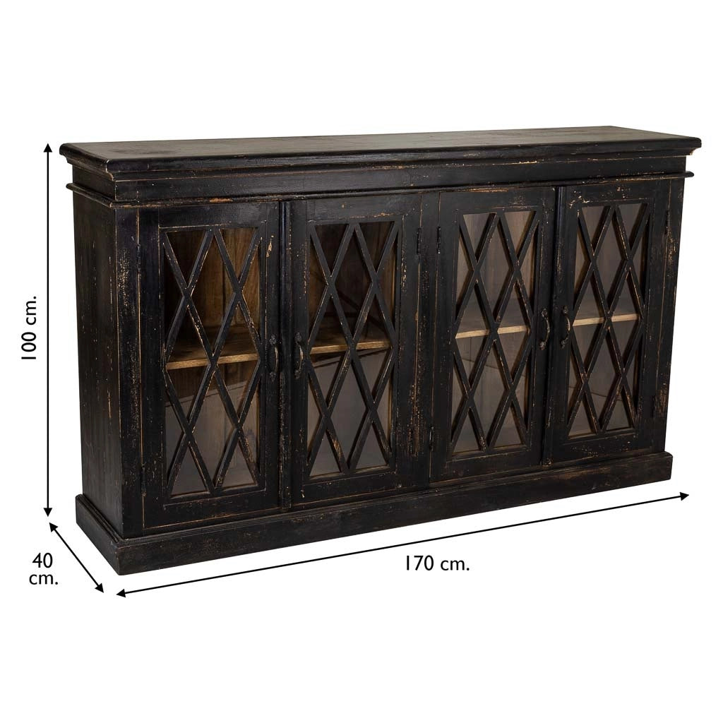 Credenza in legno e vetro artigianale nero 170x40x100
