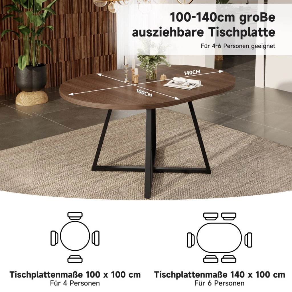 Tavolo da pranzo allungabile, 100/140 x 100 cm, adatto per 4-6 persone, design curvo, colore noce
