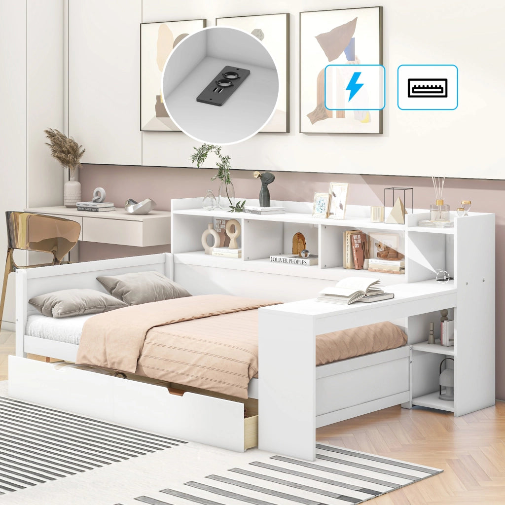 OKWISH Letto a Divano 90×200 cm, Letto Singolo con Presa, USB, 2 Cassetti, Scrivania e Mensole, senza Materasso, Bianco