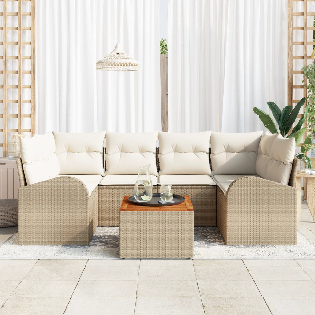 Set Divano da Giardino a 7 Pezzi con Cuscini Beige Rattan Acacia