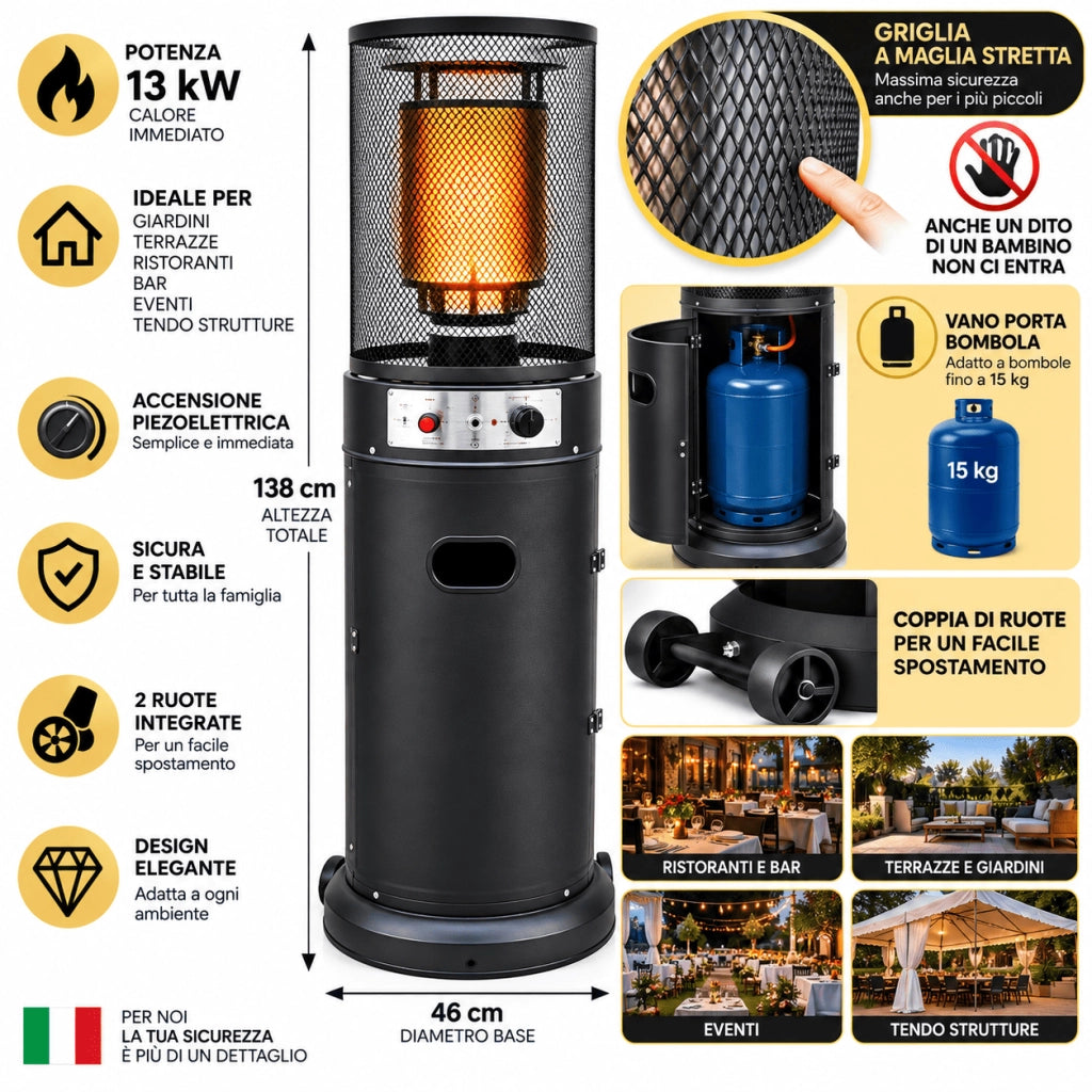 Stufa Patio Riscaldante da Esterno a Gas 13 kW con Ruote