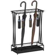 Portaombrelli con Vaschetta per l'Acqua, 21 Fori e 24 Ganci per Ombrello, in Acciaio, 50x24x68 cm, Nero