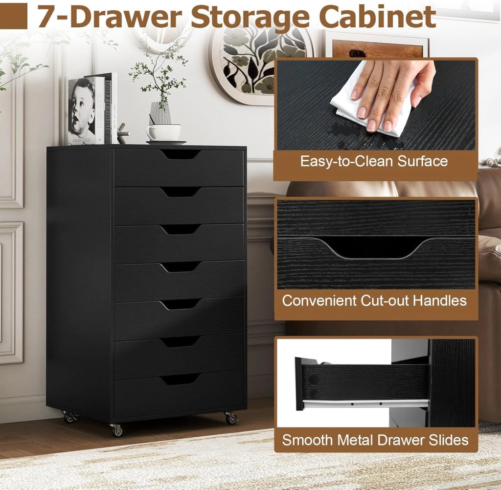 Cassettiera da Ufficio Mobile con 7 Cassetti, Mobile da Scrivania con Ruote per la Conservazione, Supporto per Stampante per Cartelle, Documenti, Carte, 49 x 40 x 87 cm (Nero)