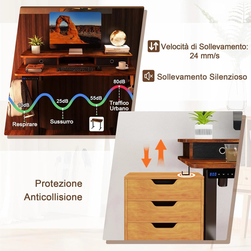 Scrivania Regolabile in Altezza con 2 Cassetti, Scrivania con Supporto per Monitor, Mensola, 2 Ganci e 3 Altezze Preimpostate, Tavolo da Lavoro per Ufficio, Studio e Camera da Letto (Marrone)