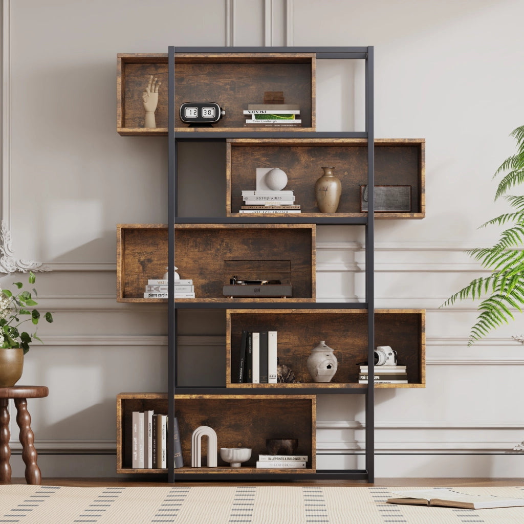 Libreria a 5 ripiani in MDF marrone e nero 121x35x176 cm con sistema antiribaltamento