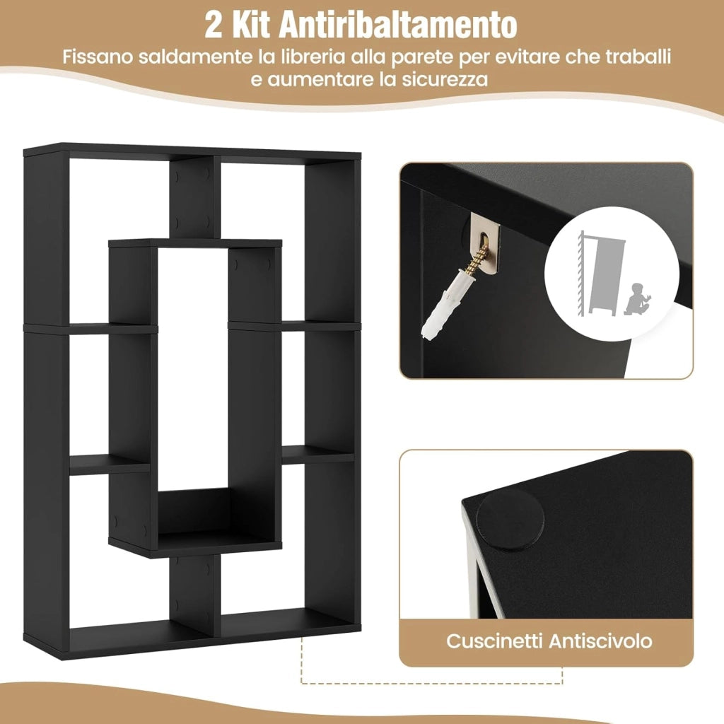 Libreria in Legno, Scaffale Aperto Geometrica a 7 Cubi, Scaffale da Esposizione con Dispositivo Anti-Ribaltamento, per Ufficio Soggiorno Camera da Letto, 60x20x90 cm (Nero)