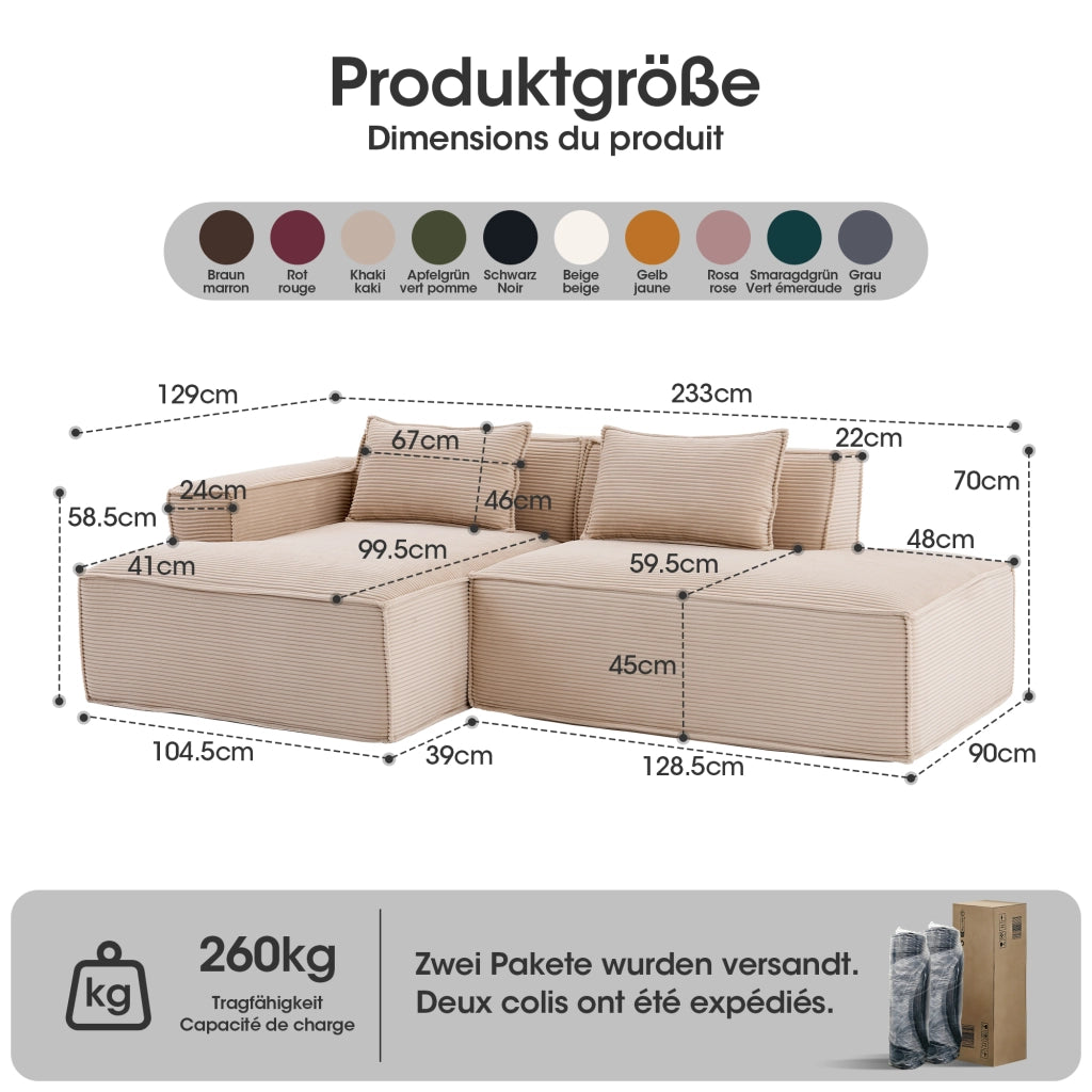 Divano lineare in tessuto con due cuscini e seduta elastica per piccoli spazi, colore khaki 235 cm