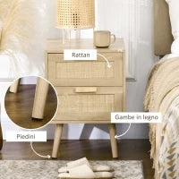 Comodino per Camera da Letto con 2 Cassetti in Stile Boho, 40x40x56cm, Colore Legno Naturale