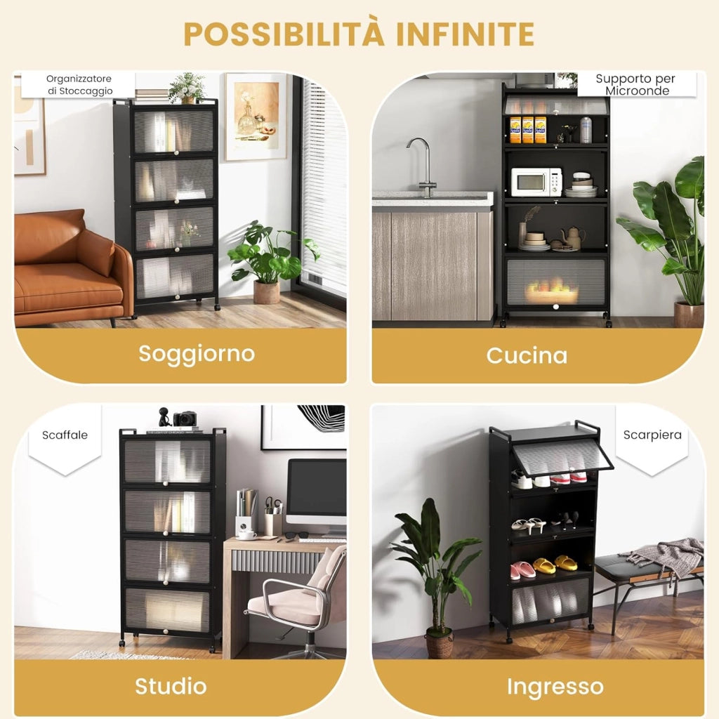 Armadio da Cucina a 5 Piani, Mobile Cucina Dispensa con Porte PC a Scomparsa, con 4 Ruote Girevoli, per Sala da Pranzo Soggiorno e Studio, 60x32x154 cm (Nero)