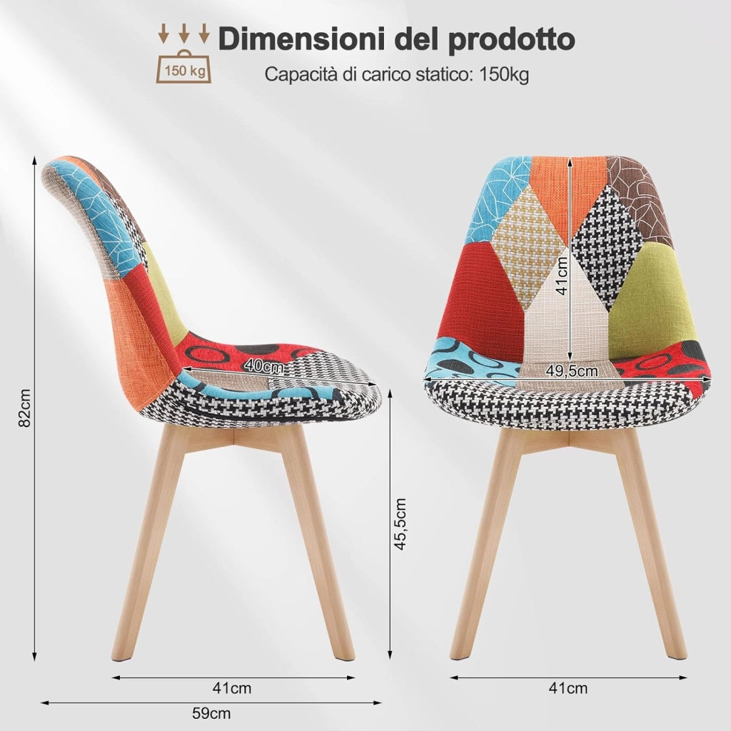 1 X Sedie per Sala da Pranzo Sedia da Scrivania con Schienale Rivestito in Tessuto di Lino Patchwork Gambe Legno Moderno BH29mf-1