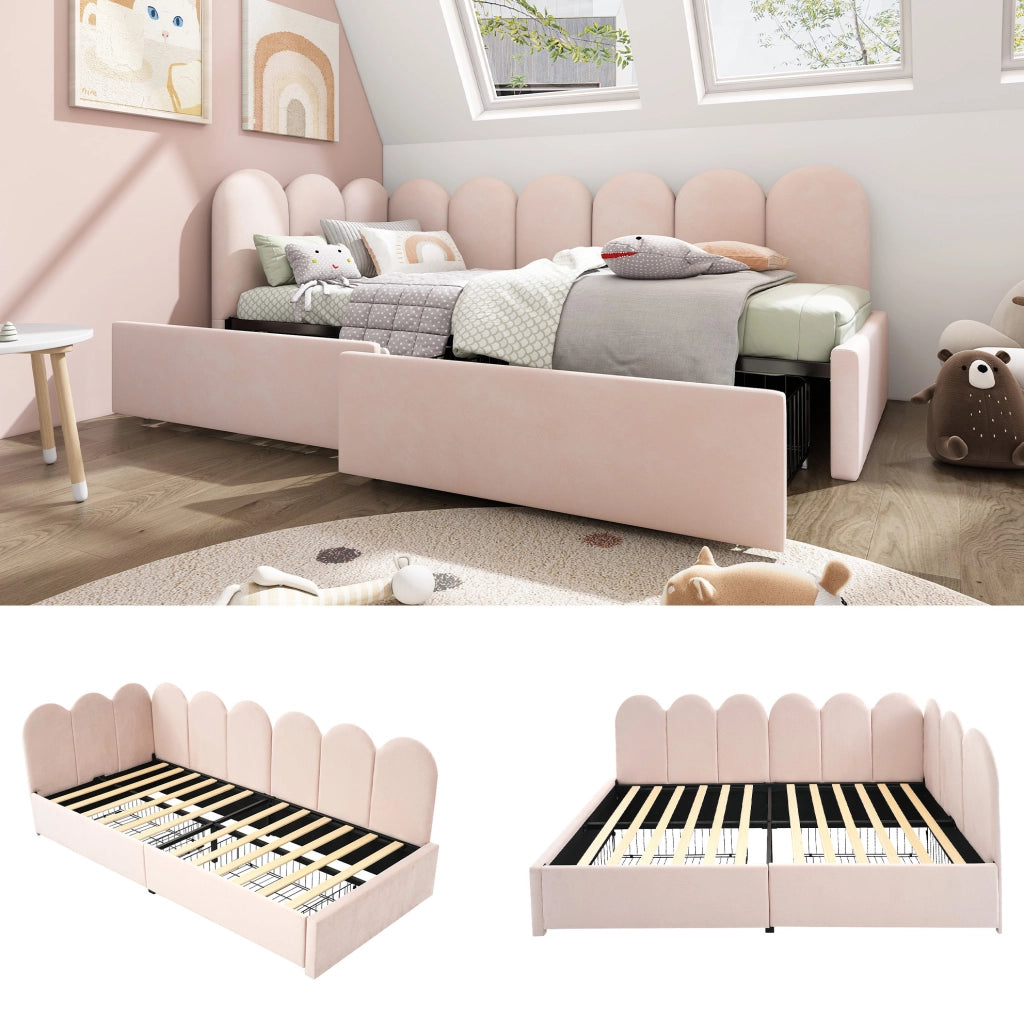 Letto singolo daybed in velluto rosa 90x200 cm con 2 cassetti e rete a doghe