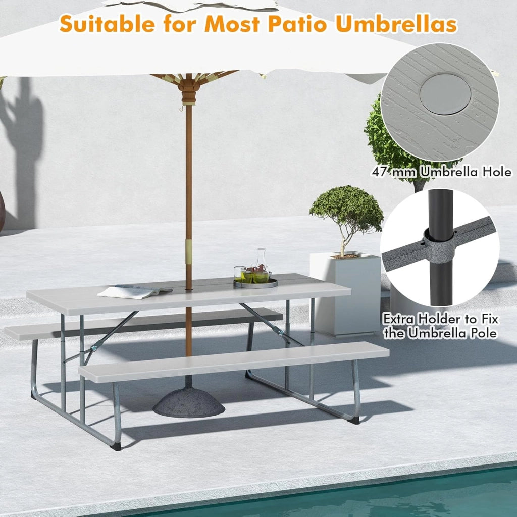 Set tavolo da picnic con panchine, set di mobili da giardino pieghevole per 8 persone con telaio in metallo piano in HDPE, 183 cm foro per ombrellone, grigio