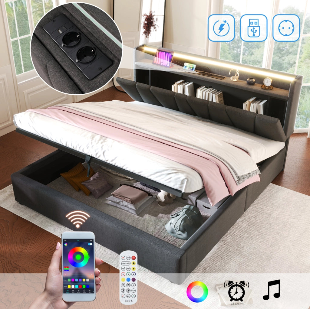 Letto imbottito 140x190 cm grigio con LED RGBW, USB e testiera contenitore