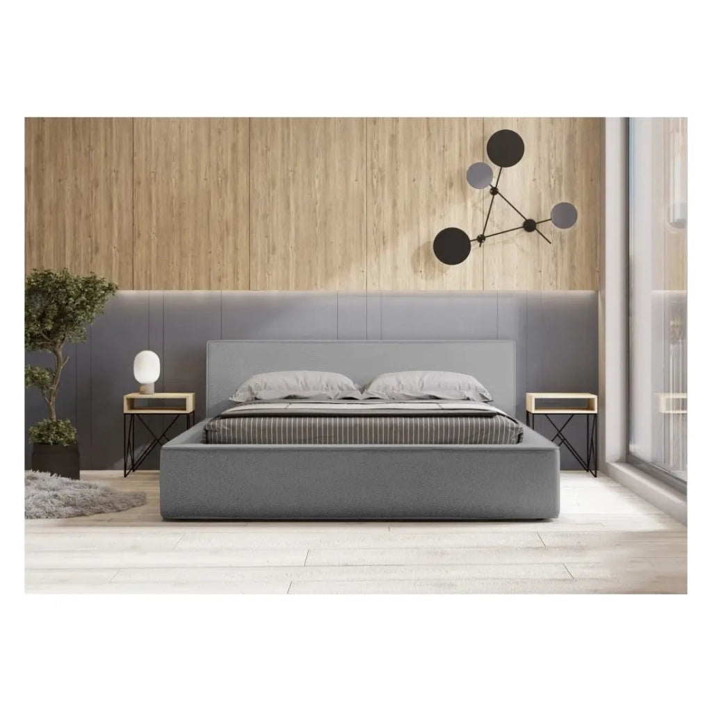 Letto contenitore VELORA – Grigio sabbia bouclé – 160x200 cm – Tessuto velluto morbido – Rete sollevabile – Spazio di stoccaggio integrato