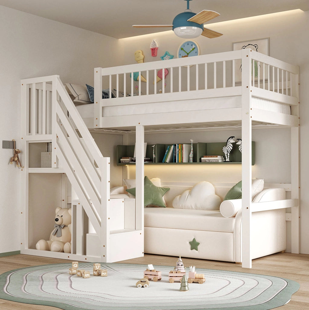 Letto singolo 90x200 cm in legno bianco con scala contenitore e sponde alte