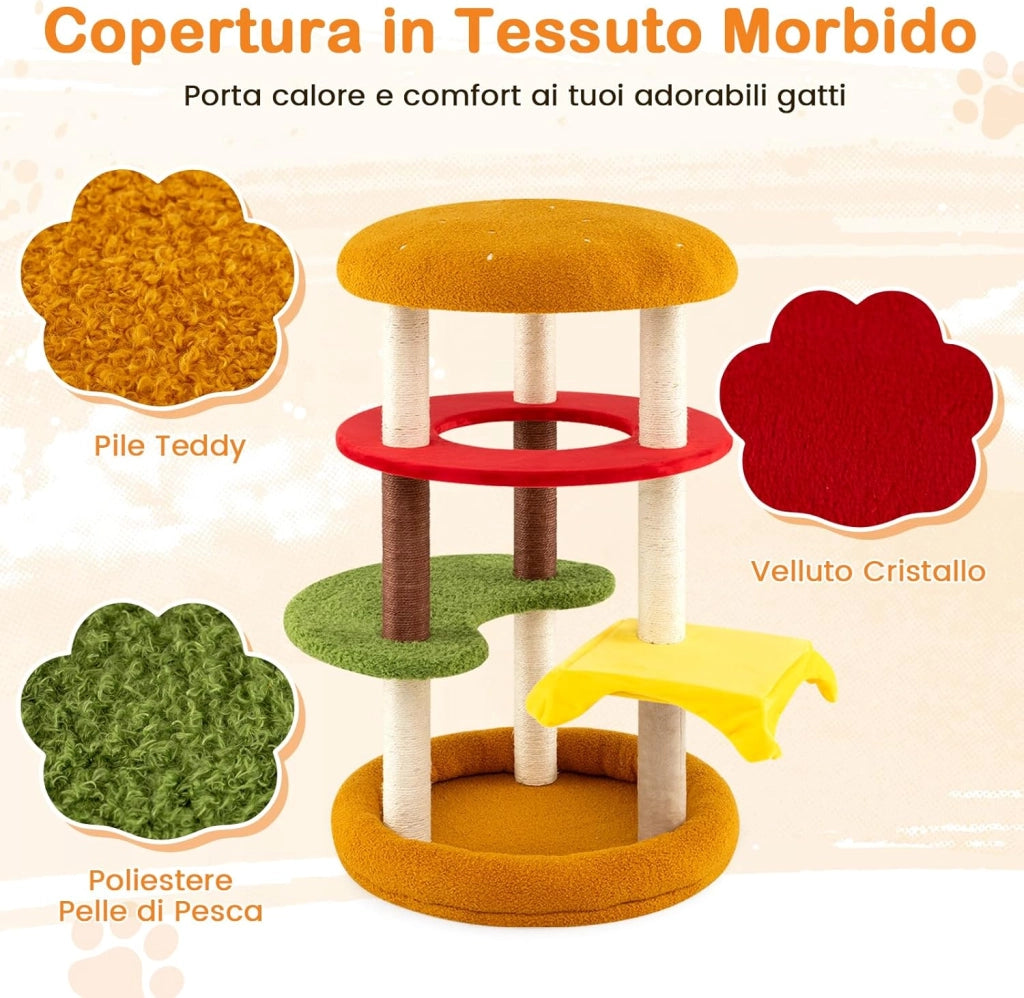Albero per Gatti 106 cm, Tiragraffi per Gatti a Tema Hamburger con Trespolo Imbottito, Letto Spazioso, Tiragraffi di Sisal e Cuscini Morbidi, Casetta per Gattini, 60 x 60 x 106 cm