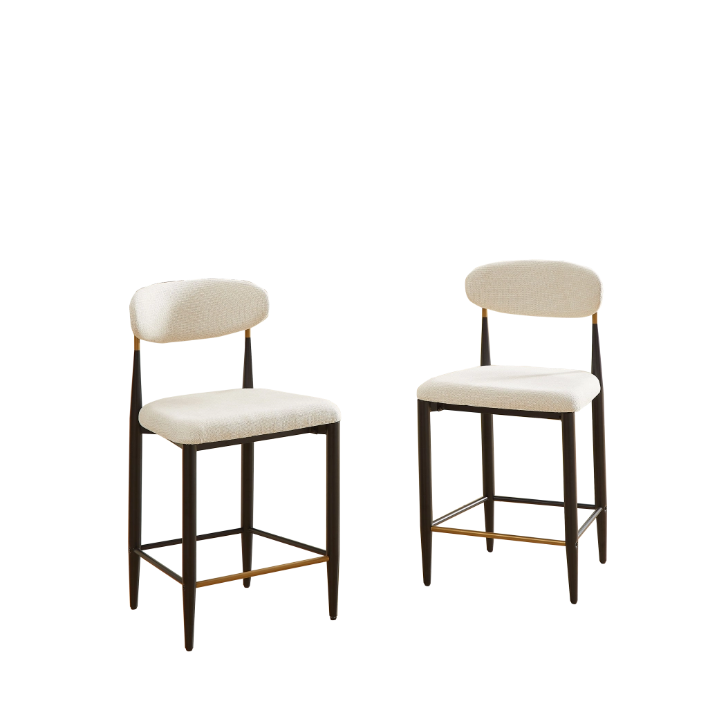 Sgabello da bar con schienale ergonomico; poggiapiedi e base regolabile in tessuto beige