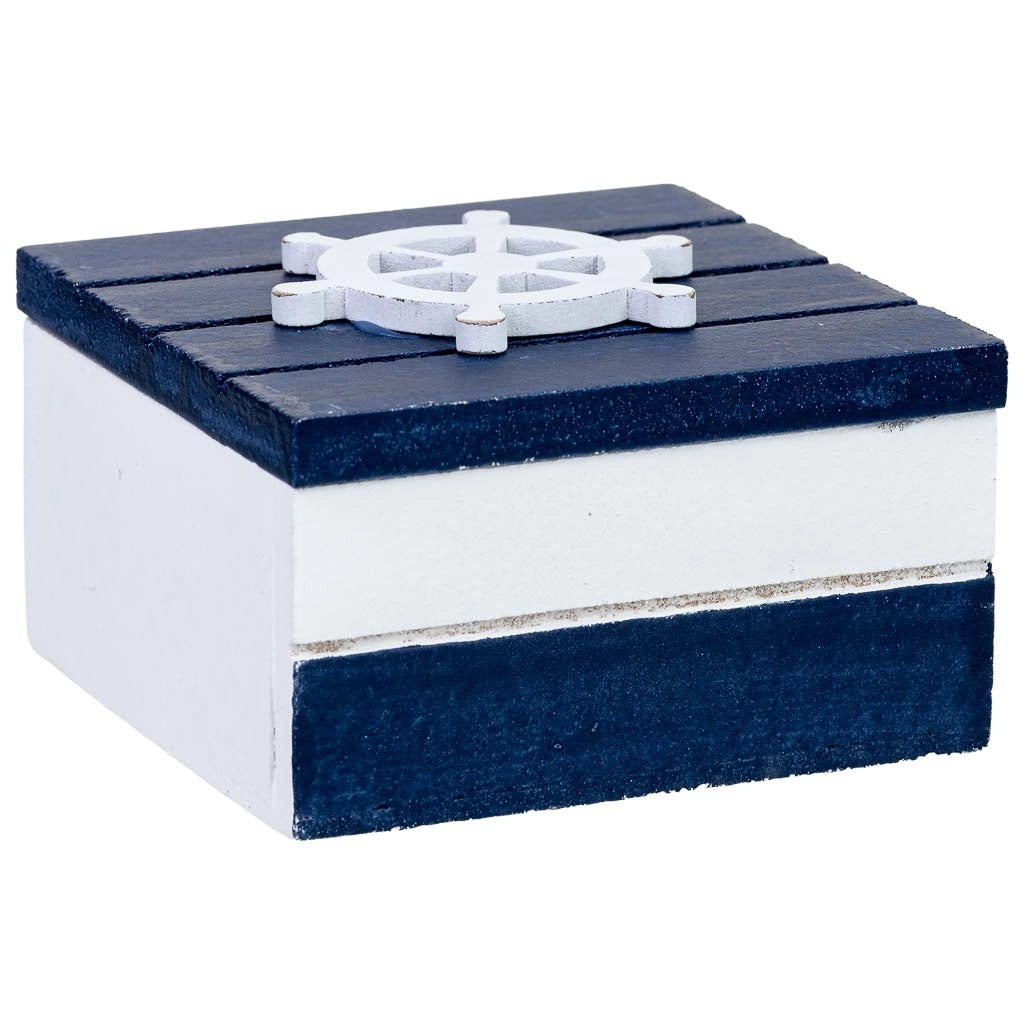 Scatola decorativa in legno con timone blu, 9 x 9 x 6 cm
