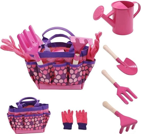 Kit di attrezzi per bambini, kit di attrezzi per bambini 6 pezzi con secchio, guanti da giardinaggio, vanga, rastrello, zappa (rosa)