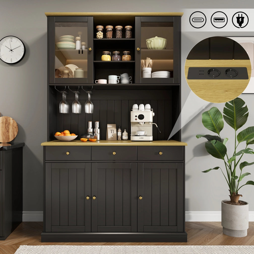 Credenza Alta da Cucina con Vetrina; 1 Cassetto; Portabicchieri; 2 Prese e USB-A USB-C; in MDF; Nero; 120 x 40 x 191 cm