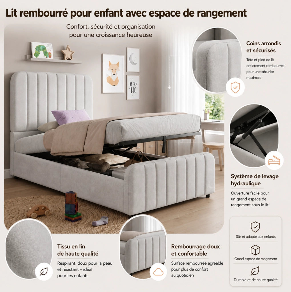 Letto imbottito contenitore 90x200 cm con rete; testiera; lino grigio