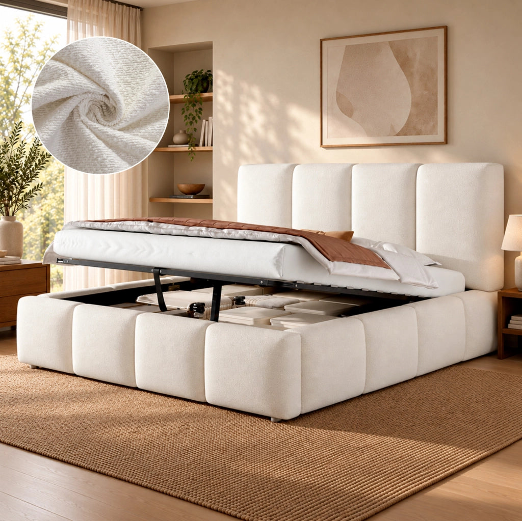 Letto matrimoniale 180x200 cm con contenitore idraulico e rete a doghe; bouclé bianco