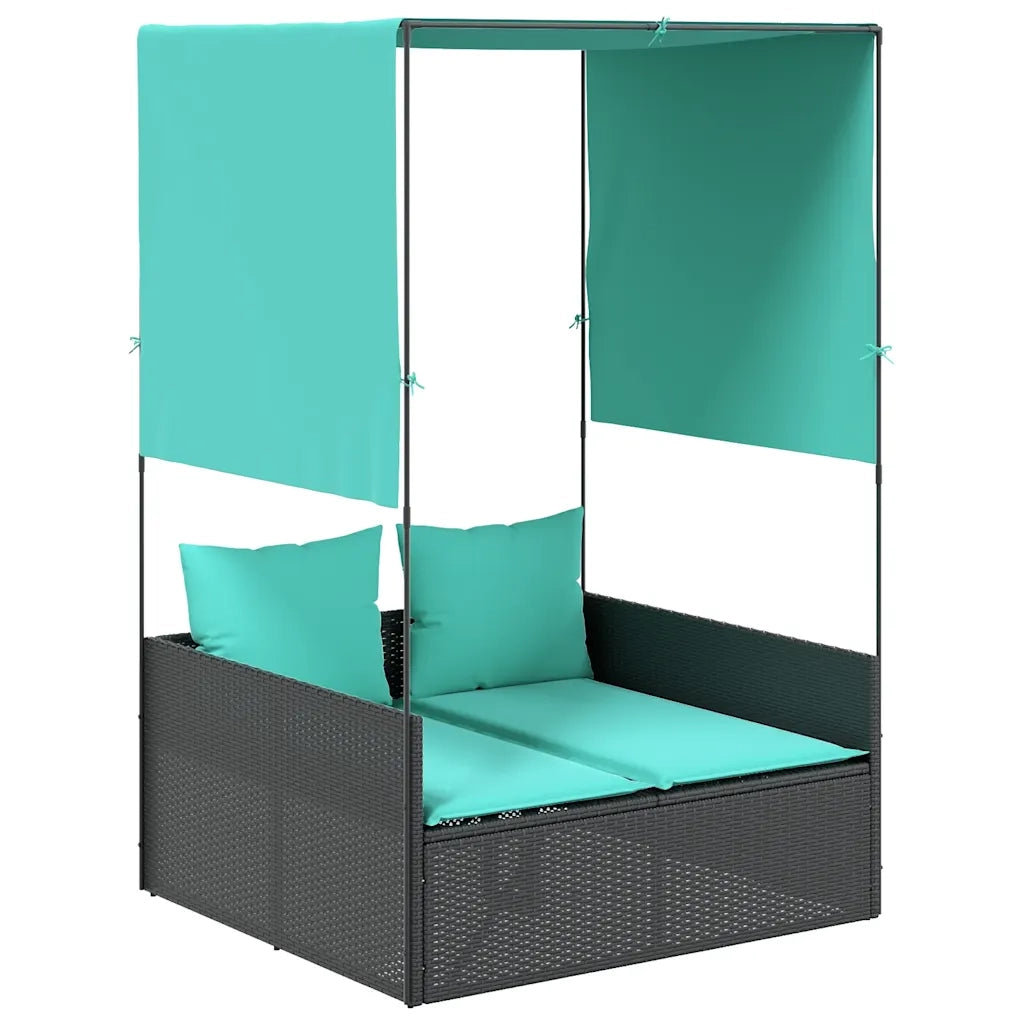Lettino prendisole doppio con tettoia e tende in Polyrattan Nero 4002763