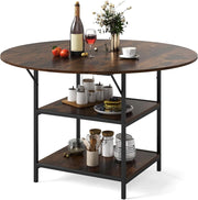 Tavolo da Pranzo Rotondo 120 cm per 4-6 Persone, Tavolo da Cucina Rustico con Ripiano Aperto a 2 Livelli e Struttura in Metallo, Tavolino in Legno per Sala da Pranzo (Marrone)