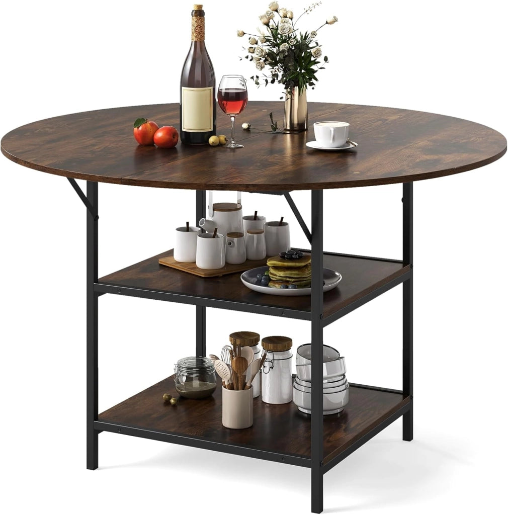 Tavolo da Pranzo Rotondo 120 cm per 4-6 Persone, Tavolo da Cucina Rustico con Ripiano Aperto a 2 Livelli e Struttura in Metallo, Tavolino in Legno per Sala da Pranzo (Marrone)