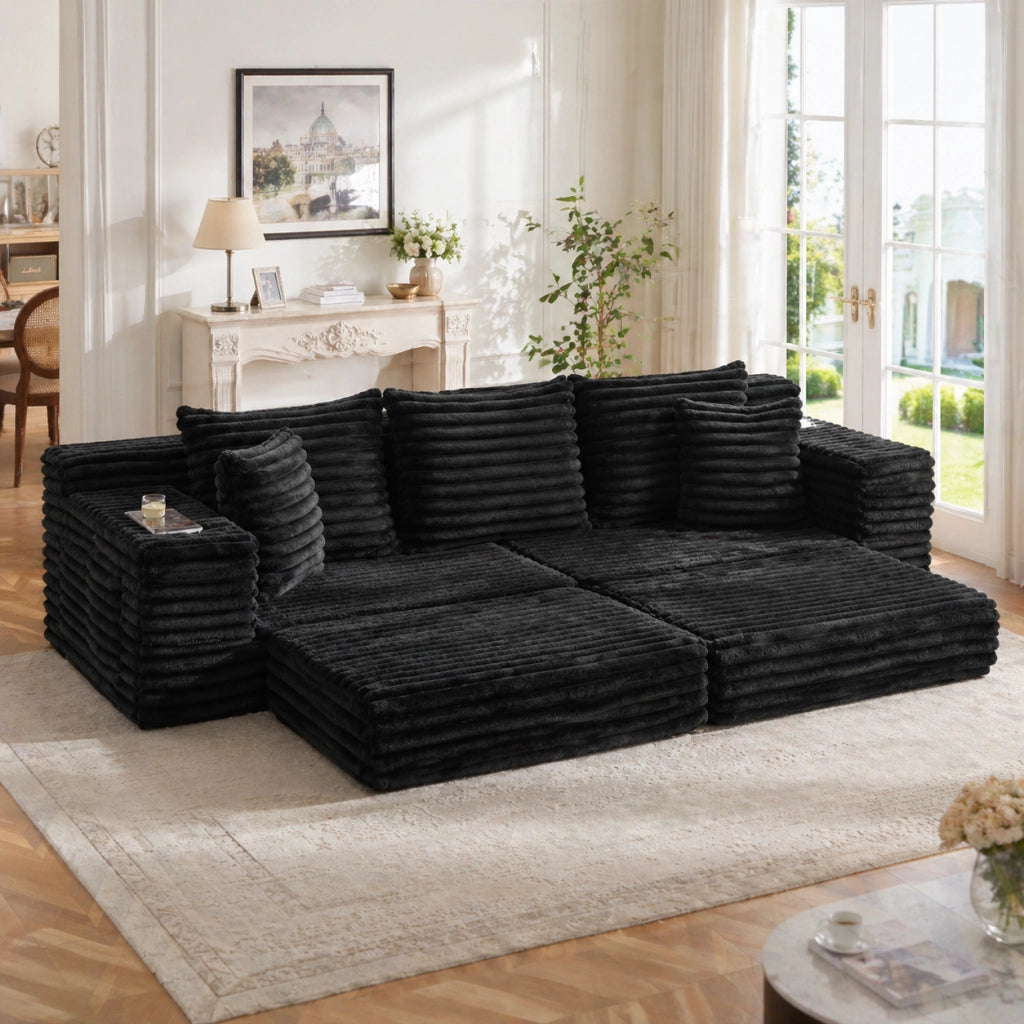 Divano modulare con tasche laterali e portabicchieri in velluto a coste nero 273 × 98 × 87 cm