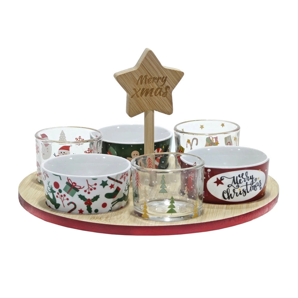 Trade Shop - Set Antipastiera Natalizia Base Rotonda In Bamboo ø 27 Cm Con 6 Ciotole Assortite -