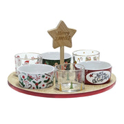 Trade Shop - Set Antipastiera Natalizia Base Rotonda In Bamboo ø 27 Cm Con 6 Ciotole Assortite -