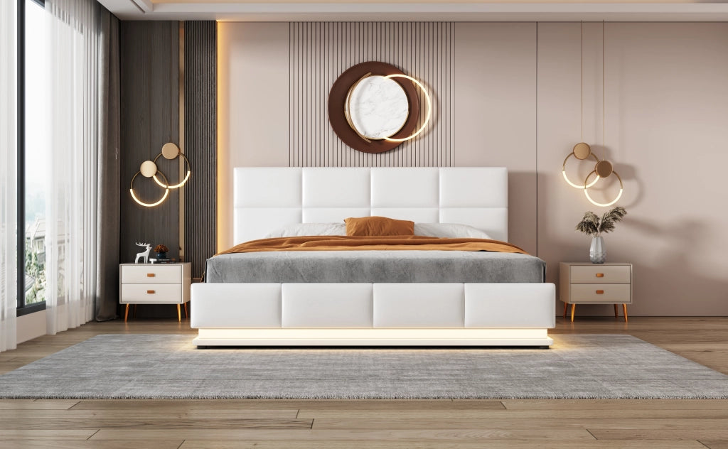 Letto contenitore matrimoniale 160 × 200 cm con LED et vano contenitore idraulico, senza materasso, in ecopelle, bianco
