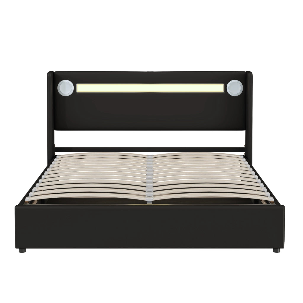 Letto imbottito nero con funzione LED bluetooth e ricarica USB in pelle sintetica 160x200 cm