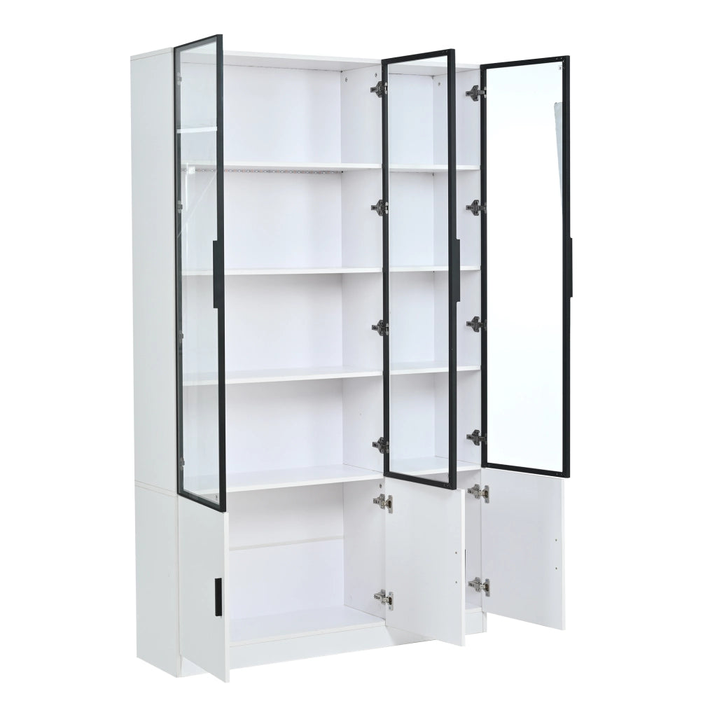 Vetrina con 6 ante in vetro e LED - per soggiorno - 120x32x200 cm - bianco