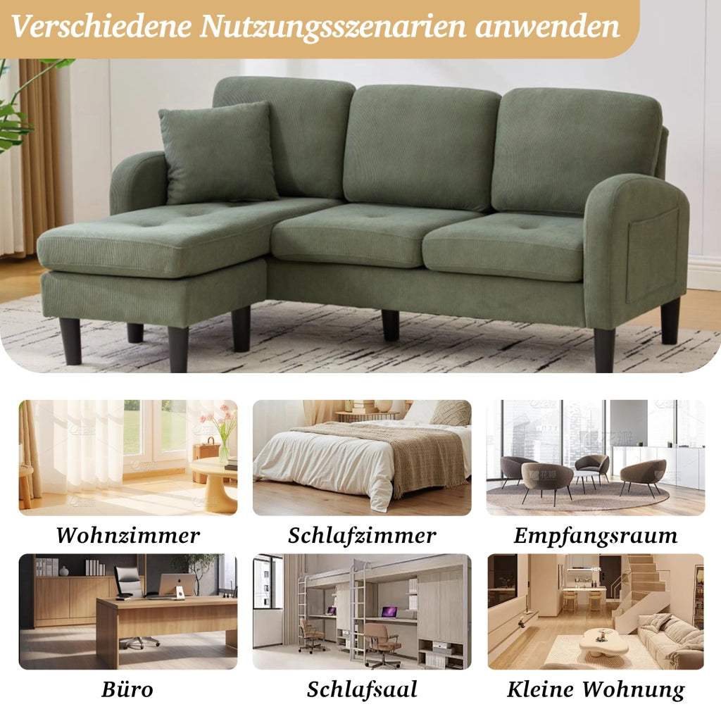 Divano angolare modulare 3 posti con chaise longue reversibile in corda verde