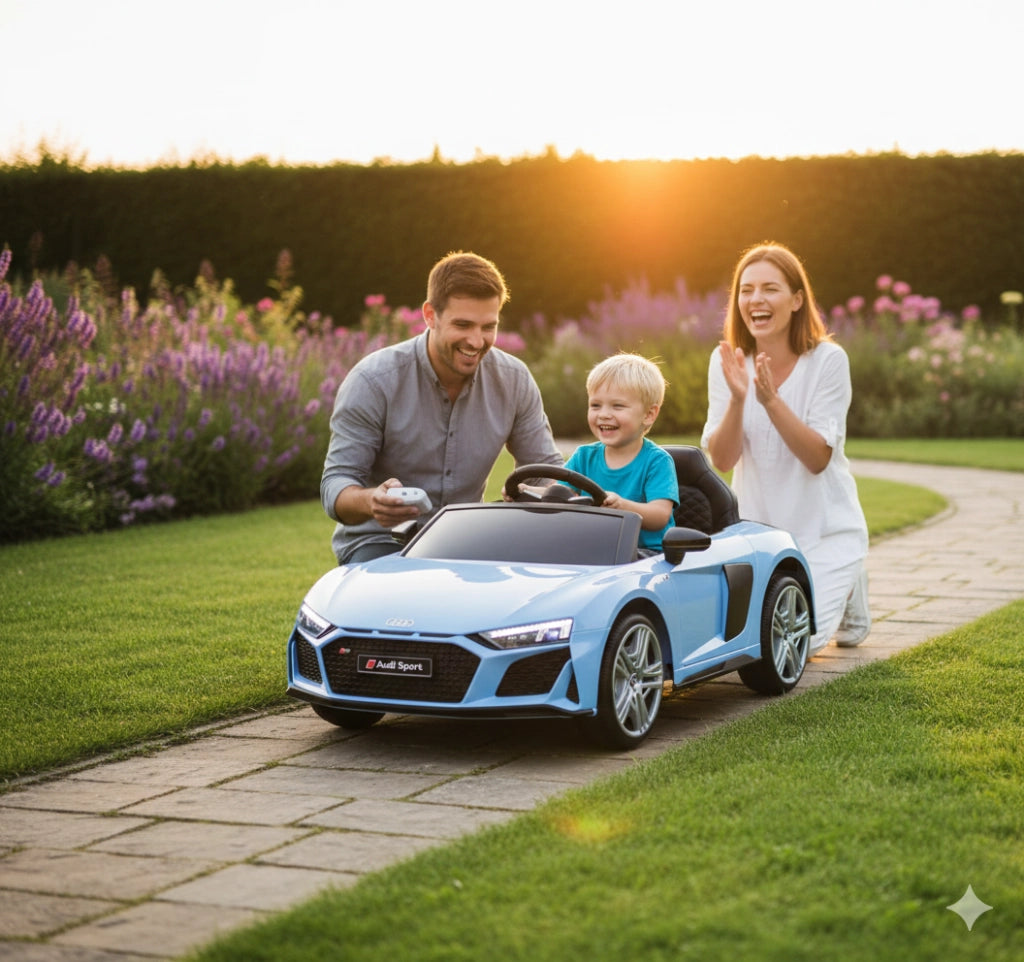 Macchina Elettrica per Bambini 12V Licenza Ufficiale Audi R8 New Spyder con Telecomando e Sedile in pelle Blu
