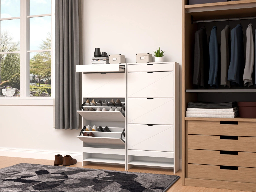 Scarpiera con 3 ribalte e cassetto superiore, in MDF bianco, 2 livelli con ripiano estraibile