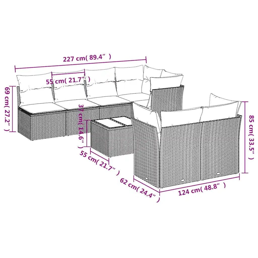 Set Divani da Giardino 8 pz con Cuscini Marrone in Polyrattan