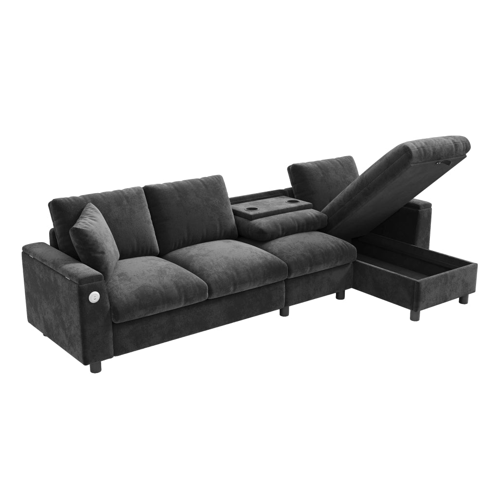 Divano letto angolare con contenitore e tavolino ribaltabile - in chenille - grigio