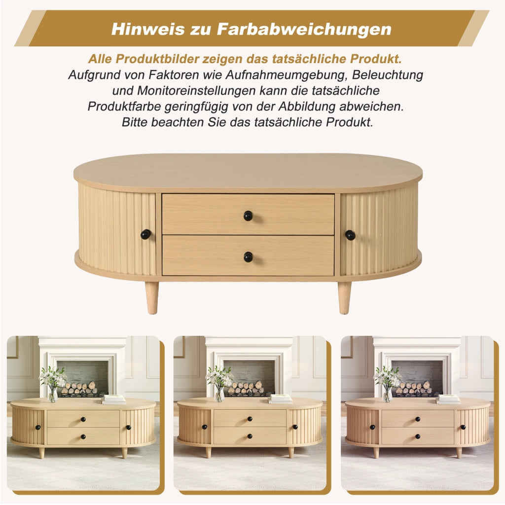Tavolino basso con 2 cassetti e ante scorrevoli, in MDF con gambe in legno massello, per soggiorno, 100 × 50 × 36 cm