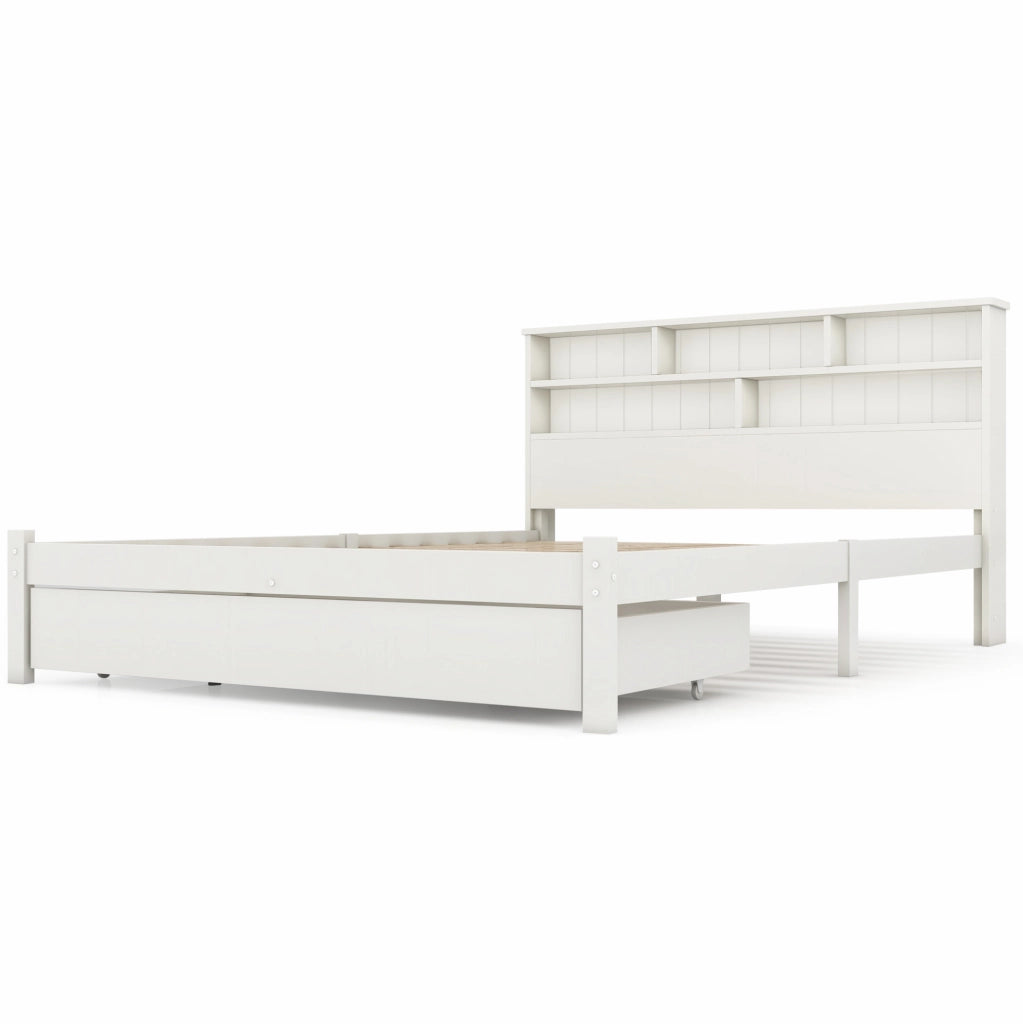 Letto matrimoniale 140x200 cm con testiera libreria e cassetti; bianco