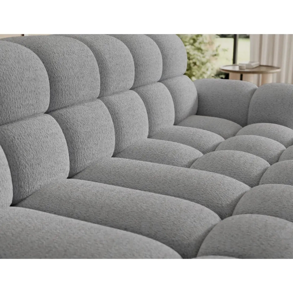Divano ad angolo trasformabile BULLA 3 posti grigio – tessuto bouclé con estensione del sedile elettrica