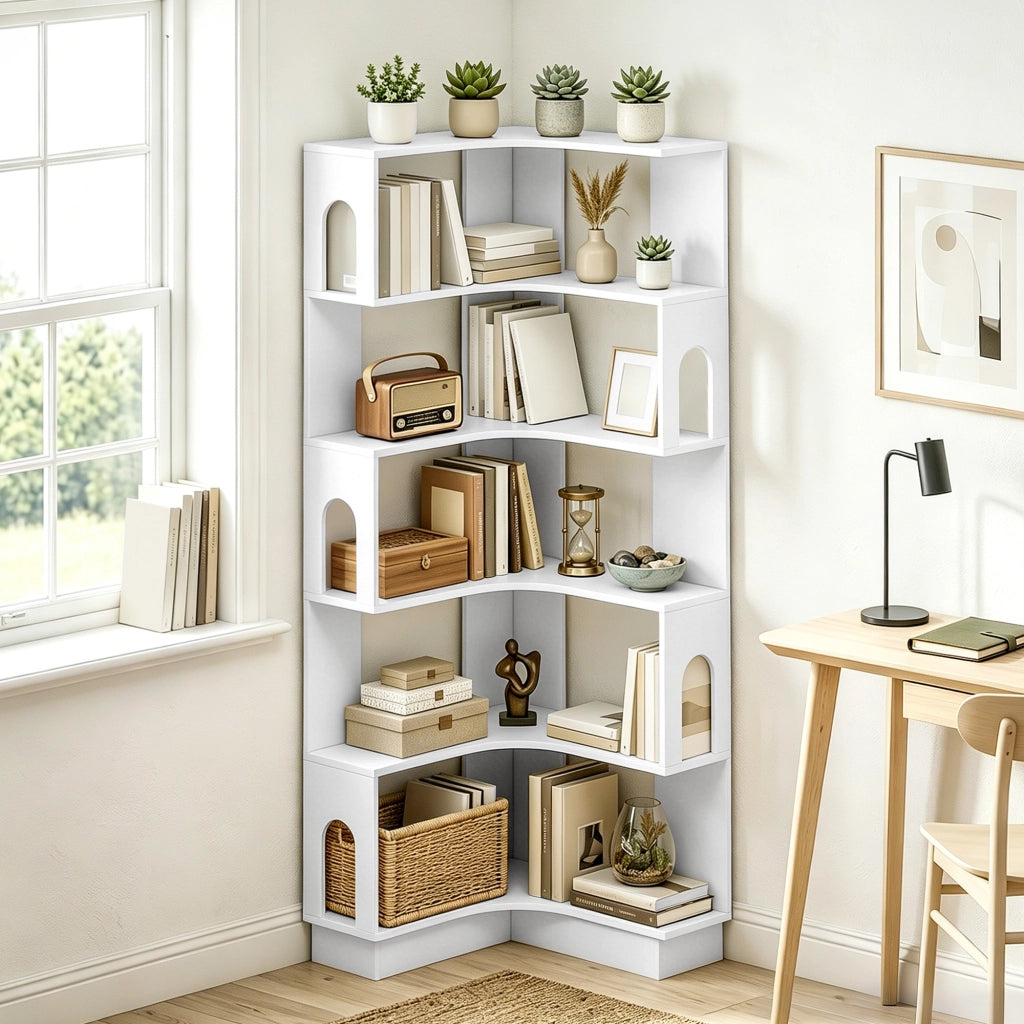 Libreria angolare a 6 ripiani con pannelli laterali arcuati ¨C Xylo ¨C Bianco 60x60x165,5 cm