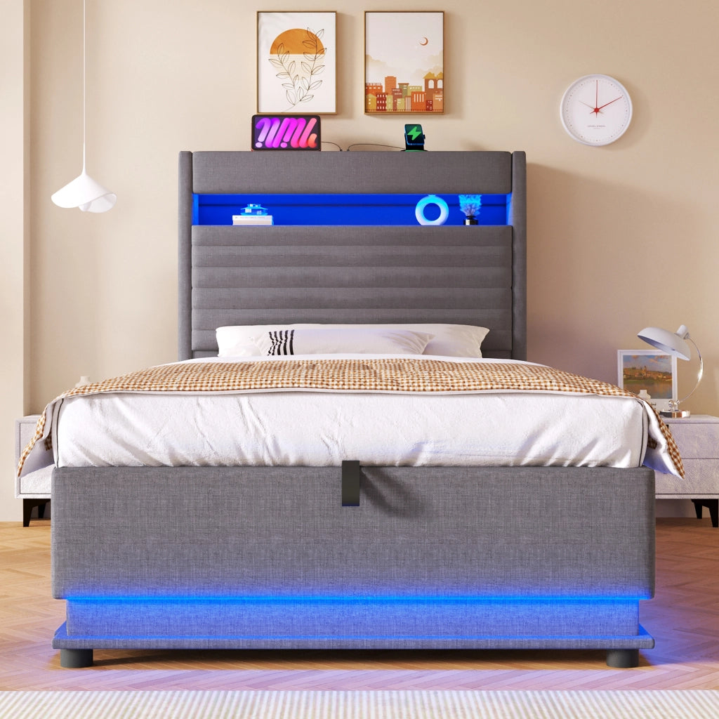Letto imbottito 90x200 cm con contenitore idraulico, LED, porta USB e USB-C, tessuto lino, grigio, senza materasso