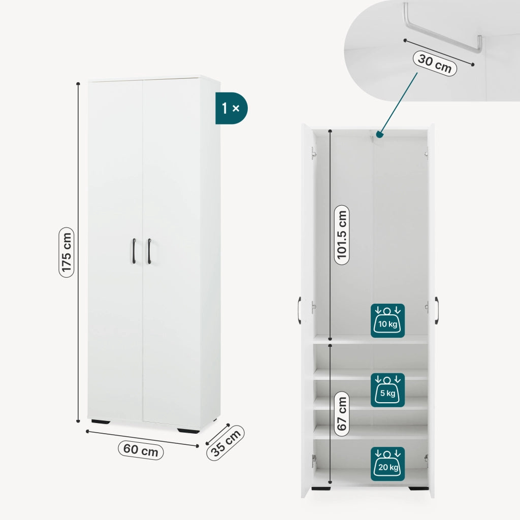 Armadio Chalvefted a 2 Ante Guardaroba con Barra Appendiabiti e 4 Ripiani Regolabili 175 x 60 x 35 cm - Bianco [en.casa]