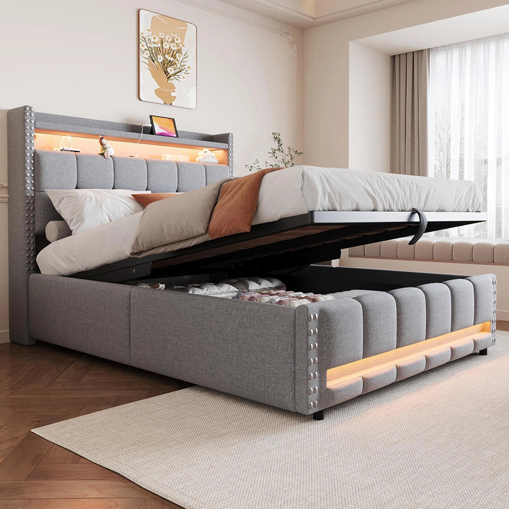 Letto matrimoniale-Xylo-140x200 cm-LED, USB, scaffale, idraulico, lino grigio