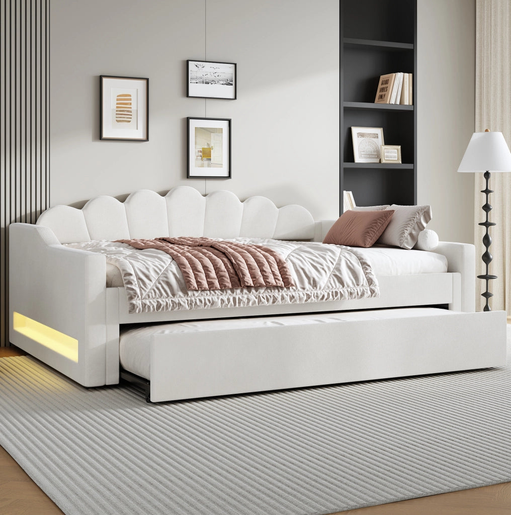 Letto da giorno imbottito 140x200 cm con letto estraibile e LED; beige