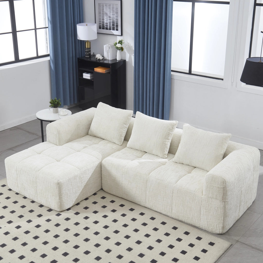 OKWISH Divano Angolare 3 Posti, Composizione Modulare senza Montaggio con Penisola, 3 Cuscini, Ciniglia Beige