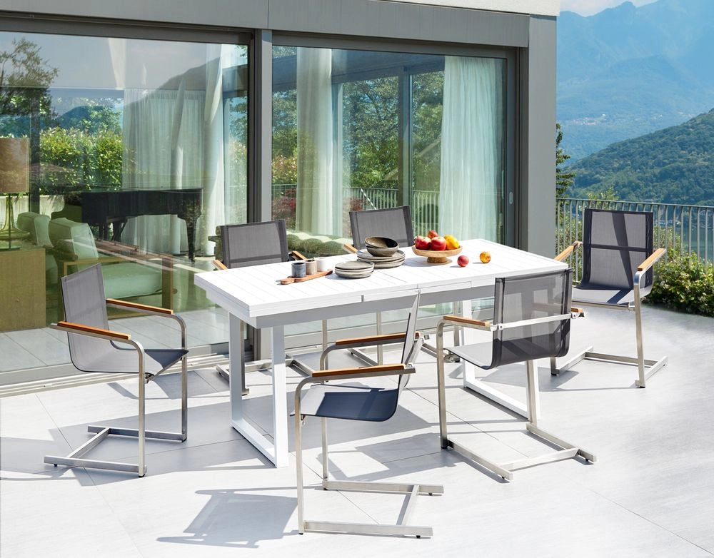 Set da pranzo da giardino a 6 posti Bianco e Grigio Alluminio Acciaio Inox Mobili da Esterno Moderni